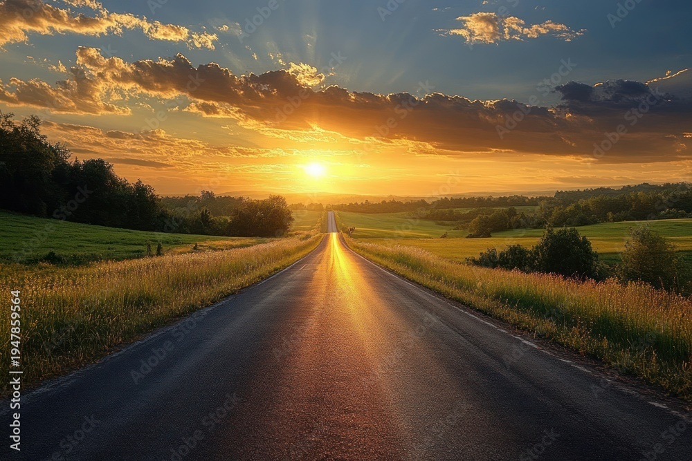 Obraz premium straight country road stretching to a golden sunset over rolling green fields and trees, radiant sky and reflective pavement evoking calm and hopeful mood