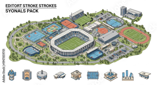 Detailed Isometric Illustration of a Sports Complex with Various Fields and Stadium.