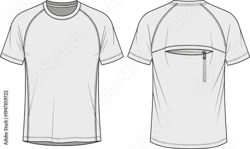athletic raglan sleeve t-shirt template, front and back view, zipper pocket detail, sport apparel technical outline, clothing mockup vector, isolated white background