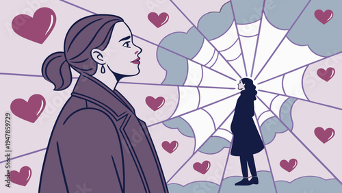 Conceptual vector illustration of a woman looking at her silhouette trapped in a heart-shaped spider web representing emotional entrapment and toxic love.
