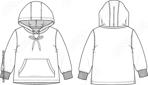kids pullover hoodie template with kangaroo pocket, long sleeve hooded sweatshirt front and back view, fashion technical drawing vector
