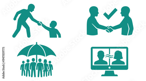 Supportive Professional Relationships Featuring Mentor Helping Child Handshake Agreement with Checkmark Symbol Insurance Protection Umbrella and Online Business Video Meeting Icons