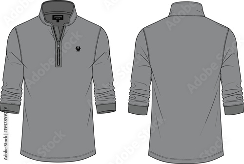 men quarter zip pullover template, long sleeve stand collar shirt front and back view, fashion technical drawing, apparel mockup vector outline