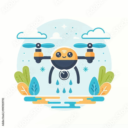 A cute smiling cartoon drone character with a camera lens hovering and dripping water Flat vector illustration of a friendly yellow and blue quadcopter.