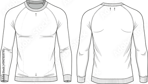 men raglan sleeve sweatshirt template, long sleeve pullover front and back view, fashion technical drawing, apparel mockup vector, clothing outline design