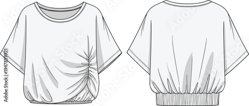 women batwing sleeve t shirt template with elastic hem, loose casual top front and back view, fashion technical drawing vector