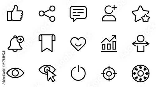social media engagement line icons set, vector ui symbols including like, share, comment, follow, subscribe, and bookmark, clean outline pictograms for digital communication, internet interaction, web