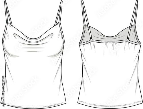 women cowl neck camisole template, spaghetti strap tank top, front and back view, fashion technical drawing, apparel mockup vector, clothing outline