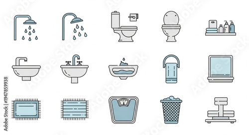 Bathroom Fixtures and Accessories Icon Set for Interior Design.