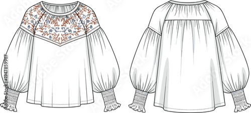 women embroidered boho blouse template, long puff sleeve top with smocked cuffs front and back view, fashion technical drawing vector