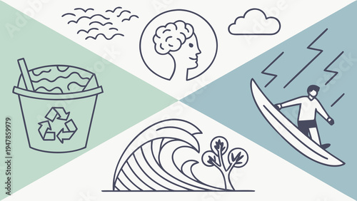 Set of 8 Outline Vector Icons for Environment, Brainstorming, and Weather Concepts, Featuring Recycling, Surfing, and Nature Elements