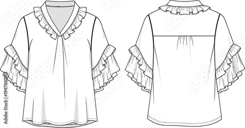 women ruffle sleeve blouse template, v neck frill collar top front and back view, fashion technical drawing apparel mockup vector