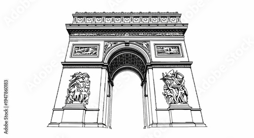 Stylized outline of a grand triumphal arch with intricate sculptural details and an arched entryway