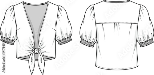 women tie front blouse template, puff short sleeve top, front and back view, fashion technical drawing, apparel mockup vector, isolated clothing outline