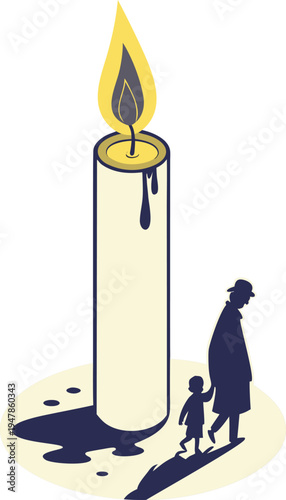 Minimalist vector illustration of a tall burning white candle casting long shadows of a man and child walking together, symbolizing memory, loss, or guidance.