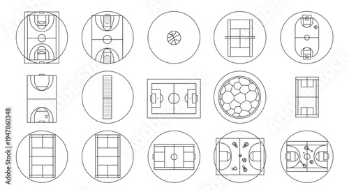 Collection of Sports Field and Court Layouts in Circular Frames.