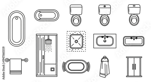 Bathroom Fixtures and Accessories Line Art Illustration.