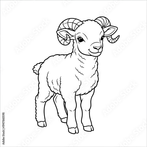 A black and white drawing of a young ram