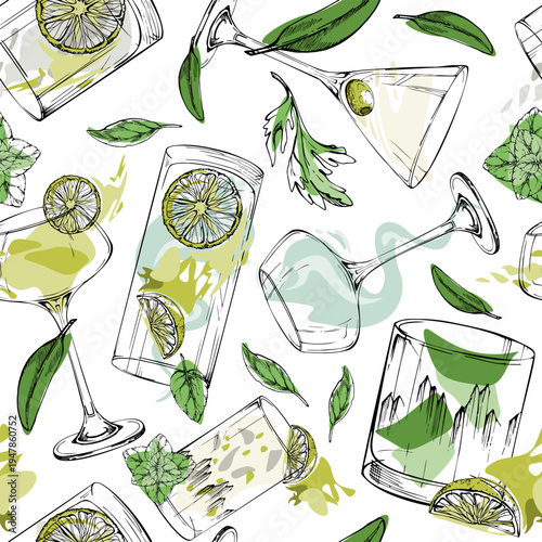 Vector seamless pattern of lime, mint, iconic clear cocktails and lemonade glasses with accent fills. Hand drawn in ink for wrapping paper, textiles, packaging, recipe backgrounds and mixology blogs.