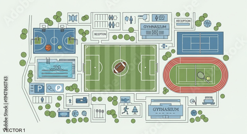 Overhead View of a Sports Complex with Various Athletic Facilities.