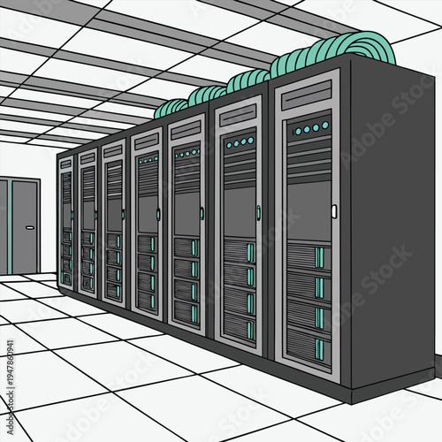Server racks in a data center room illustration featuring a row of computer cabinets with teal cables for cloud storage and networking.