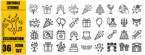Celebration icon set. Party related line icons: celebrate, birthday, event, happy new year, dancing, fireworks, cheers, gift, invitation, wedding and more. Editable stroke. Vector illustration.