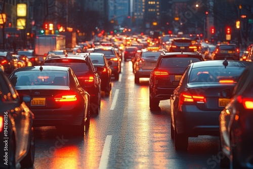 dense evening city traffic with rows of cars and glowing red taillights reflecting on a wet street, evoking a tense, congested rush-hour mood