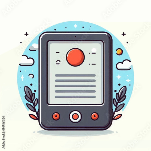 Cartoon digital voice recorder or ereader icon with a large screen and prominent red buttons.