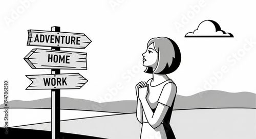 Woman at crossroads signpost directions.