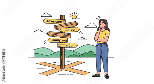 Woman at Crossroads Signpost Direction.
