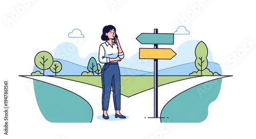 Woman at crossroads signpost.