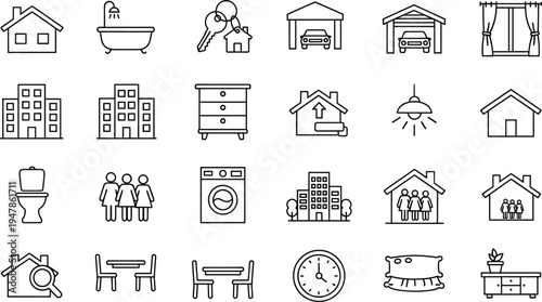 Real estate property and home interior outline icon set. house, apartment, furniture, and bathroom