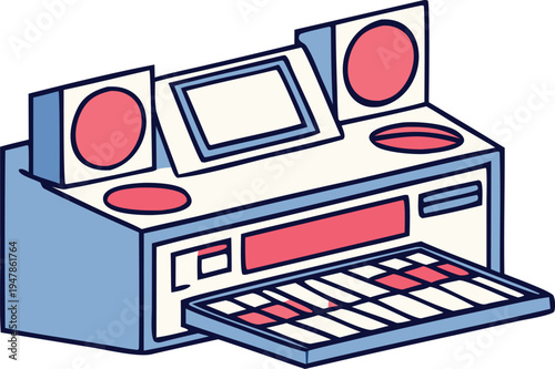 Retro Isometric Music Production Studio Vector Illustration with Speakers, Screen, and Keyboard for Audio Mixing and DJ Concepts