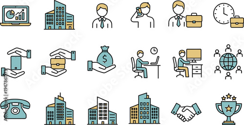 Corporate business icons featuring office buildings global network professional communication and success