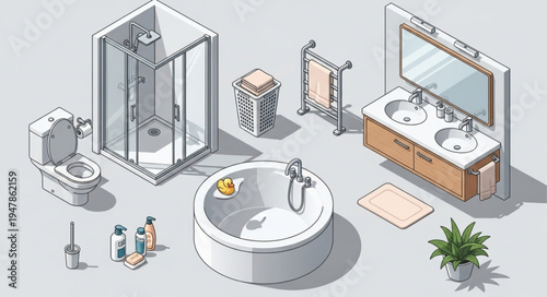 Isometric Bathroom Set with Toilet, Shower, Bathtub, and Sink.