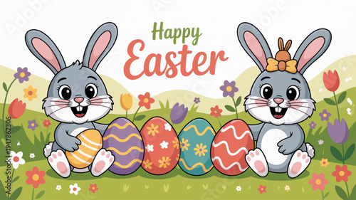 Two easter bunnies with colorful eggs in a floral garden on a sunny day with a festive happy easter message