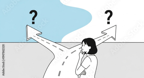 Woman at Crossroads Decision Making.
