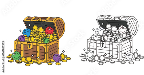 Open Pirate Treasure Chest Full of Gold Coins and Gemstones, Colored and Black and White Line Art Illustration for Coloring Pages