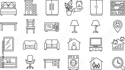 Set of home and interior line icons isolated on transparent background house furniture elements