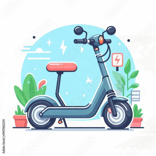 Modern dark blue electric scooter with a red seat depicted in a clean flat vector illustration style.