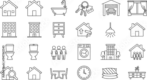 Set of home and interior line icons isolated on transparent background house furniture elements
