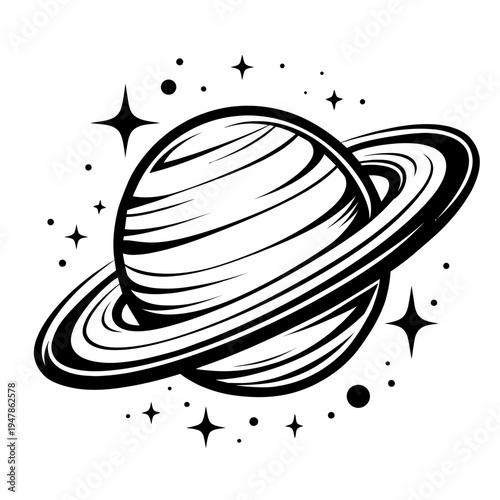 Monochrome vector illustration of the majestic ringed planet Saturn, depicted as a celestial body surrounded by twinkling stars, perfect for space exploration and cosmic graphic designs