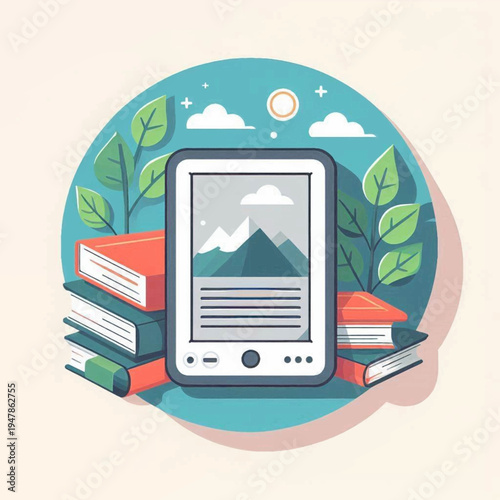 Modern grey ereader displaying a mountain landscape nestled among colorful stacked paper books and lush green leaves.
