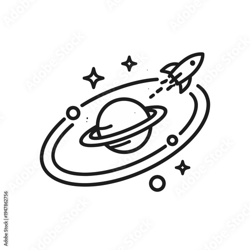 A whimsical line art illustration of a rocket ship orbiting a ringed planet in outer space, surrounded by stars and celestial elements
