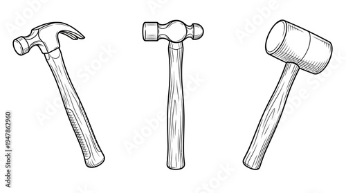 Set of Three Detailed Black and White Hammers