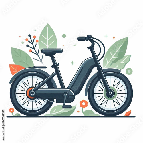 Sleek dark gray electric bicycle illustration with a modern stepthrough frame viewed from the side.