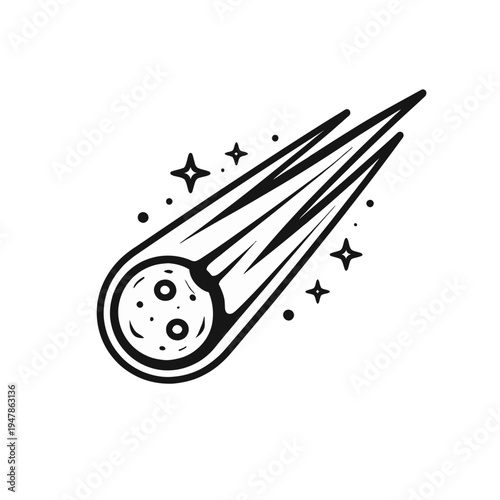 A stylized illustration of a comet with a prominent tail streaking across a dark background, surrounded by tiny stars, depicted in a simple black and white line art style
