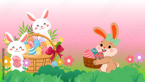 Adorable Easter Bunnies Celebrate Springtime with Colorful Eggs and Blooming Flowers in a Festive Outdoor Scene