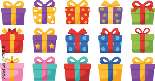 Colorful flat vector gift boxes set with ribbons and bows for birthday holiday celebration surprise party and festive events,