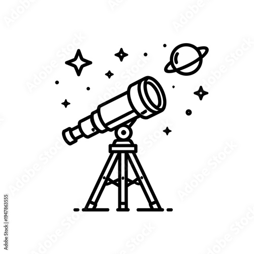 Minimalist line art icon of an astronomical telescope on a tripod, gazing at stars and a ringed planet, representing scientific discovery, cosmic observation, and space exploration